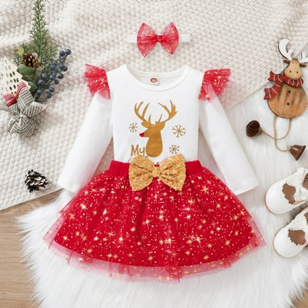 Newborn Baby Girl Christmas Skirt Sets Long Sleeve Romper Bodysuit Tutu Skirt Headband 3pcs Outfits