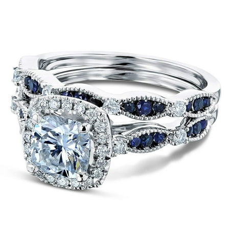 Moissanite and Blue Sapphire Halo Bridal Rings Set - 7.0 / Kobelli H-I