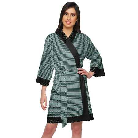 Moomaya Cotton Printed Bathrobe Crossover Fabric Lace Short Robes Loungewear