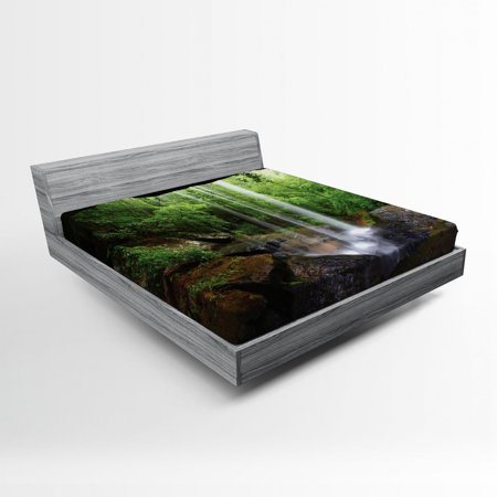 Natural Cave Fitted Sheet Still Waterfall in the Forest in Northern Alabama Habitat Ecosystem Scenery, Soft Decorative Fabric Bedding, Green Brown, by Ambesonne