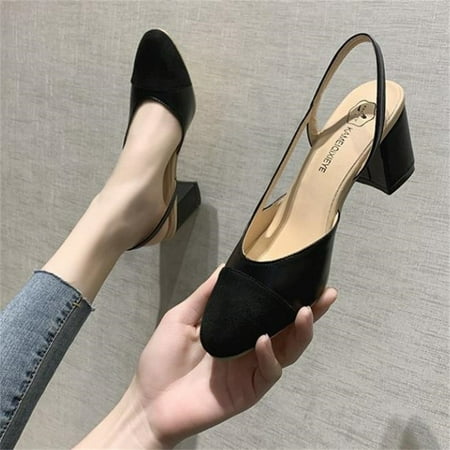 Women‘s Color-Block High Heels Chunky Heels Slingback Sandals