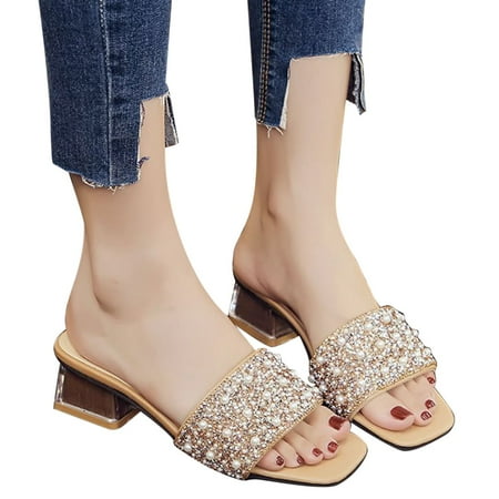 Sandals Ladies Shoes Summer Sandals Rhinestone Pearl Breathable Heel Sandals