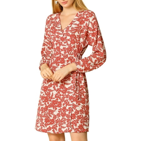 Allegra K Womens' Dress Floral Long Sleeve Cross V Neck Tie Waist Wrap Dresses M Red