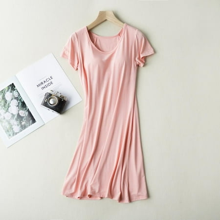 Womens Sleepwear Short Sleeve Nightgown With Chest Pad Pajamas for Women Nightshirt M-XXL