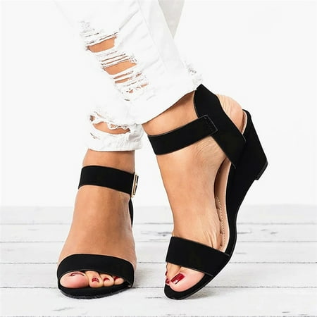 VKEKIEO Round Toe Platform Sandals High Heel Wedge Black