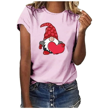 Long Sleeve Shirts for Women Womens Long Sleeve Tops Valentine s Day Trendy Woman Causal Round-Neck Printed Blouse Short Sleeve T-Shirt Tops Workout Tops Workout Tank Tops for Women Pink L
