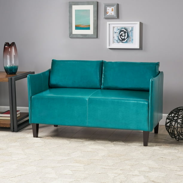 Erickson Modern Faux Leather Upholstered Loveseat, Teal and Dark Brown