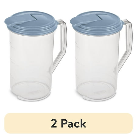 (2 pack) Sterilite 2 Quart Round Pitcher, Clear Plastic, Flip-top Spout, Light Blue