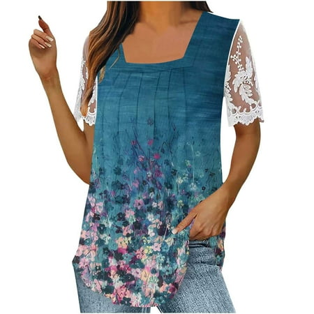 Charella Women Summer Trendy Lace Patchwork Short Sleeve Shirts Womens Square Neck Floral Print Tunic Top Sky Blue M
Charella Women Summer Trendy Lace Patchwork Short Sleeve Shirts Womens Square Neck Floral Print Tunic Top Sky Blue M