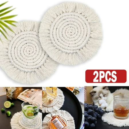 2Pcs Hand-woven Round Cotton Lace Tassels Coasters Cup Non-slip Heat Mats Drink Coaster