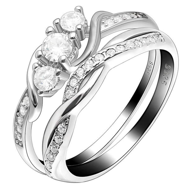 Lydia Sterling Silver 3 Stone Engagement Wedding Band Bridal Ring Set