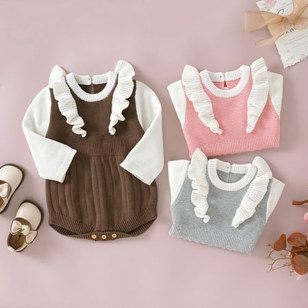 Infant Baby Girl Knit Jumpsuit Contrast Color Long Sleeve Crew Neck Ruffle Snap Romper for Spring Autumn
Infant Baby Girl Knit Jumpsuit Contrast Color Long Sleeve Crew Neck Ruffle Snap Romper for Spring Autumn