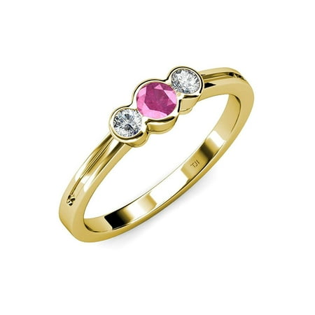 Pink Sapphire and Diamond (SI2-I1 G-H) Three Stone Ring 0.50 ct tw in 14K Yellow Gold.size 7.0
Pink Sapphire and Diamond (SI2-I1 G-H) Three Stone Ring 0.50 ct tw in 14K Yellow Gold.size 7.0