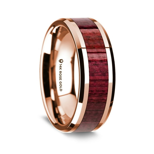 14K Rose Gold Polished Beveled Edges Wedding Ring With Purple Heart Wood Inlay