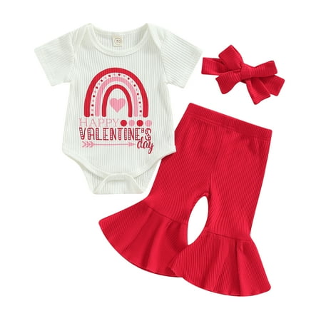 Baby Girls Valentine s Day Outfit Sets White Short Sleeve Heart Arrow Print Romper + Red Flared Pants + Headband 0-18Months