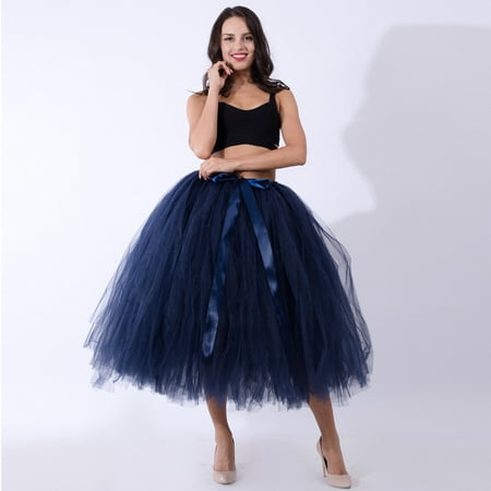 Women Mesh TulleTutu Skirt Bridesmaid Princess Skirt Bubble Maternity Skirt Navy One Size