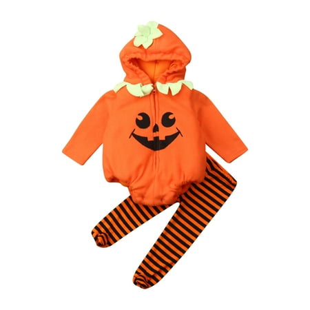 2PCS Infant Unisex Baby Halloween Outfits Long Sleeve Pumpkin Hooded Zipper Bodysuit+Footed Pants Clothes Set