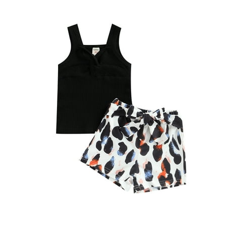 

ZIYIXIN 2pcs Infant Kids Girls Clothes Strap Sleeveless Solid Vest Tops+Leopard Printed Bow Shorts Sets Black 3-4 Years