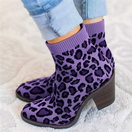 Women s Heel Knitted Elastic Boots Children Leopard Print Shoes Purple 10.5