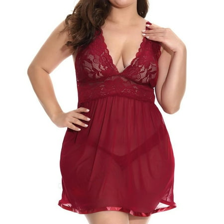ZNU Plus Size Women s Lingerie Babydoll Sleepwear Mesh Nightdress Thong Set