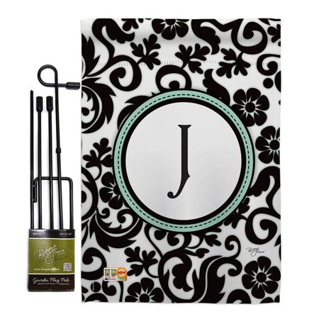 Breeze Decor BD-SB-GS-130062-IP-BO-D-US09-BD 13 x 18.5 in. Damask J Initial Interests Simply Beauty Impressions Decorative Vertical Double Sided Garden Flag Set with Banner Pole