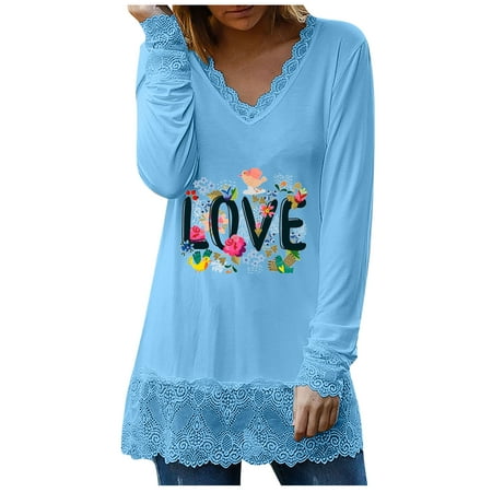

Juebong Womens Heart Graphic Print Sweatshirts Long Sleeve V Neck Spring Fall Pullover Valentines Day Shirts Lightweight Holiday Jumper Tops Blue shirts for women S