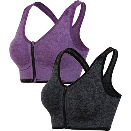 QWZNDZGR Women s Zip Front Sports Bra Wireless Post-Surgery Yoga Bras