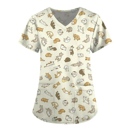 Apepal Women Short Sleeve V-Neck Cute Animals Printed Pocket Scrub Tops