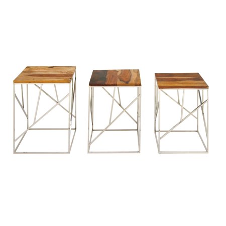 Decmode - Set of 3 contemporary 20, 21, and 22 inch square rosewood and stainless steel nesting tables