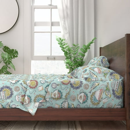 Teacups Watercolor Vintage Tea Bird 100% Cotton Sateen Sheet Set by Roostery