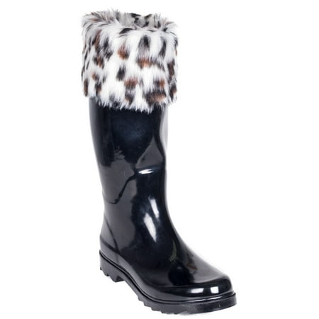 Forever Young Women s Black Rubber Faux Fur Cuff Mid-Calf 14-inch Rain Boots