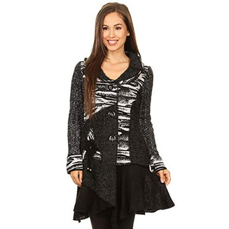 Women's Patchwork Black Button Down Cardigan Coat Sweater
