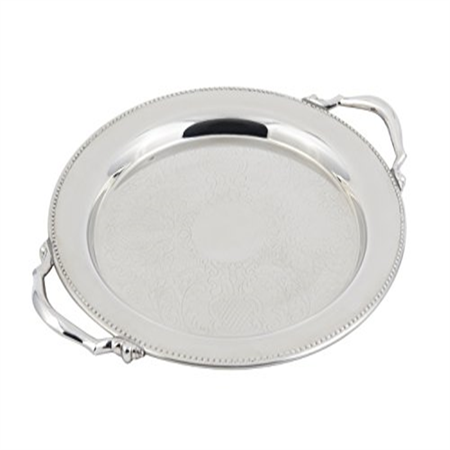 Bon Chef 61334 Stainless Steel Serving Round Tray with Handle, Etching and Bead Border, 13" Diameter