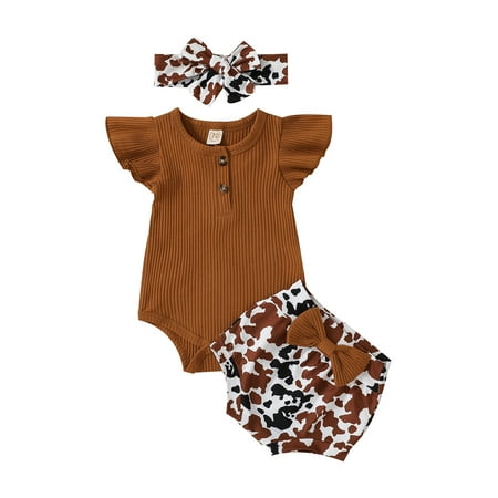 Suanret Baby Girl Clothes Suits Ribbed Fly Sleeve Romper Cow Spot Print Elastic Waist Shorts Headband 3Pcs Sets Brown 12-18 Months
Suanret Baby Girl Clothes Suits Ribbed Fly Sleeve Romper Cow Spot Print Elastic Waist Shorts Headband 3Pcs Sets Brown 12-18 Months