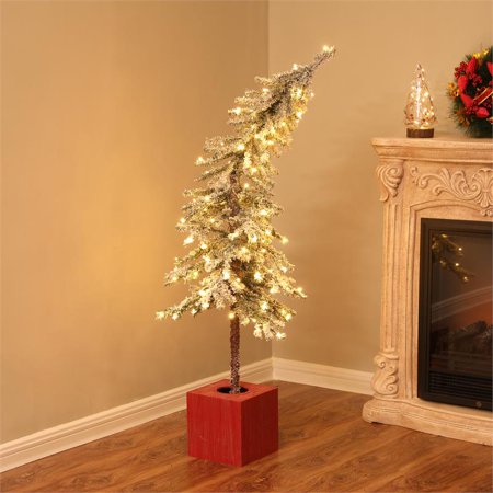 4ft Pre-Lit Porch Artificial Flocked Tree with Red Pot