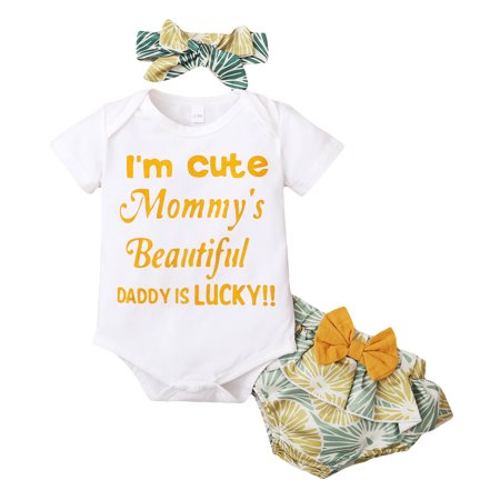 Newborn Baby Girls Outfits Short Sleeve Letter Print Romper Top+Lemon Print Bow Shorts+Headband 3PCS Outfits Set 3-6 Months White
Newborn Baby Girls Outfits Short Sleeve Letter Print Romper Top+Lemon Print Bow Shorts+Headband 3PCS Outfits Set 3-6 Months White