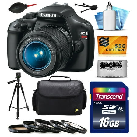 Canon EOS Rebel T3 (1100D) Digital SLR Camera with EF-S 18-55mm f\/3.5-5.6 IS Lens with 16GB Memory + Large Case + Tripod + 5 Piece Filters + Dust Blower + Cleaning Kit + $50 Gift Card 5157B002