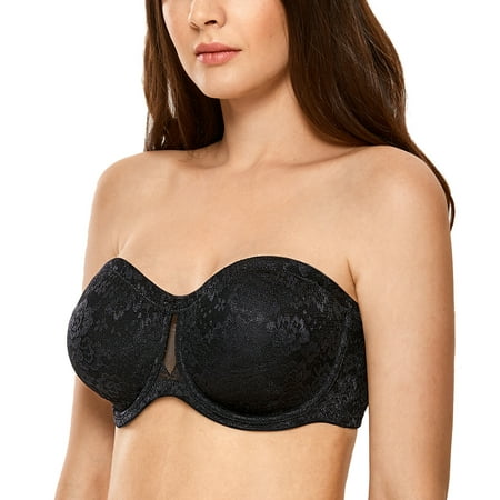 DELIMIRA Women s Strapless Bra Underwire Unlined Bandeau Floral Lace