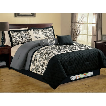 7-Pc Quilted Diamond Felt Floral Garden Gothic Comforter Set King Black Beige Silver