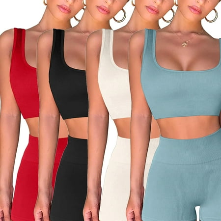 Elbourn Sexy Summer Workout Top for Women 1 Piece Seamless Ribbed Crop Tank Bra Casual Yoga Top