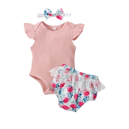 Genuiskids Summer Infant Baby Girls Casual Suit Solid Color Fly Sleeve Romper Tops+Printed Lace Shorts+Headband 3Pcs Outfit
Genuiskids Summer Infant Baby Girls Casual Suit Solid Color Fly Sleeve Romper Tops+Printed Lace Shorts+Headband 3Pcs Outfit