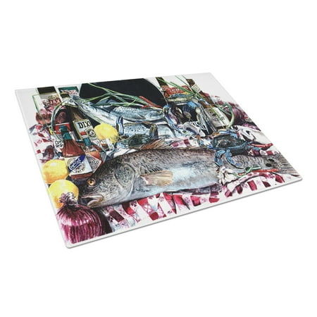 Caroline s Treasures Fish and Beers from New Orleans Glass Cutting Board Large