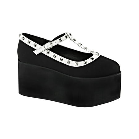 Womens T Strap Shoes Black Canvas White Vegan Leather Studs 3 1/4 Inch Platform