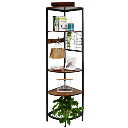 5 Tier Corner Shelf Industrial Tall Corner Bookshelf Brown