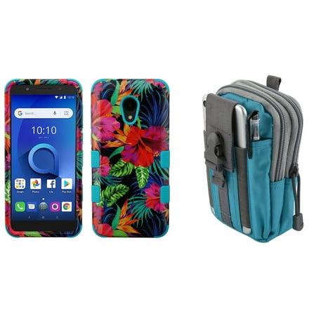 Bemz Accessory Bundle Designed for Alcatel idealXTRA - TUFF Hybrid Shockproof Case (Pink Tropical Flowers) with Tactical Utility Pack (Blue/Gray) and Atom Cloth for Alcatel idealXTRA (AT&T)