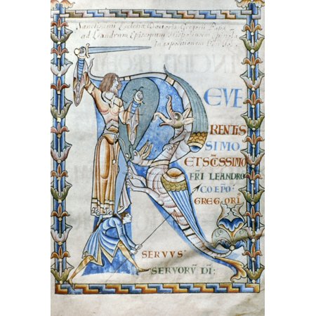 Knight And Monster Nknight Fighting A Fabulous Monster Depicted In A Historiated Initial R Illumination From A 12Th Century French Manuscript Poster Print by Granger Collection
