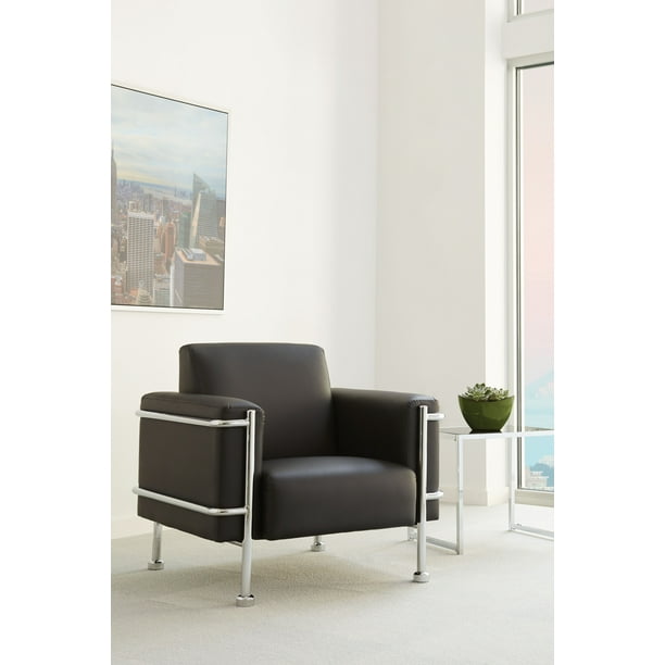 Club Chair in Black Bonded Leather with Chrome Accents