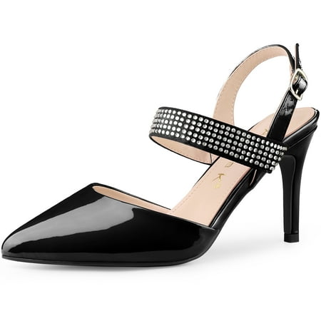 Unique Bargains Women s Pointed Toe Rhinestone Slingback Stiletto Heel Pumps