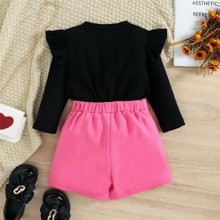 2pcs/set Toddler Kids Girls Shorts Set for Spring Fall 1-6 T Little Girls Ruffle Long Sleeve Top+ Shorts Outfits Sets Black+Rose 4-5 Years
2pcs/set Toddler Kids Girls Shorts Set for Spring Fall 1-6 T Little Girls Ruffle Long Sleeve Top+ Shorts Outfits Sets Black+Rose 4-5 Years