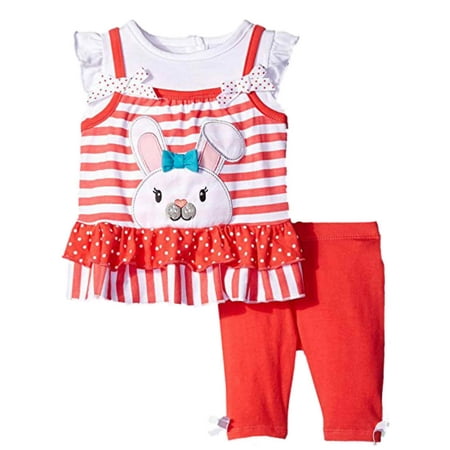 Infant Girls Orange Bunny Rabbit Baby Outfit Stripes & Dots Shirt & Pants 6-9m